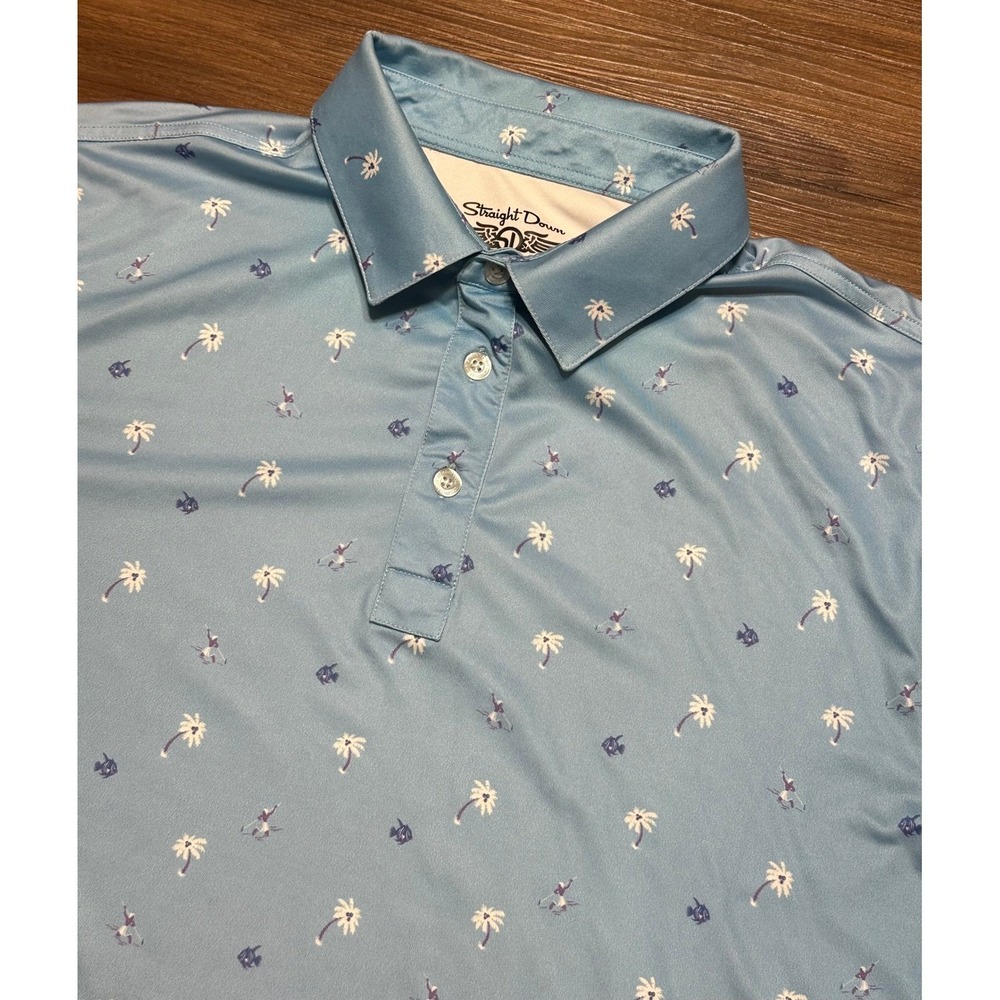 Straight Down Mens Performance Golf Polo Shirt Blue Palm Tree Surfer AOP Sz L